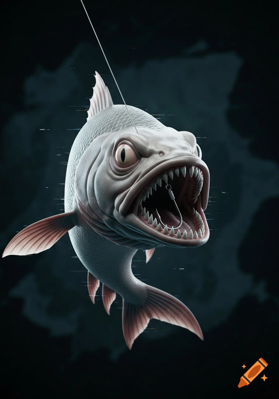 A menacing 3D-style fish with sharp teeth and wide eyes, hooked through its nose, against a dark, glitchy background.