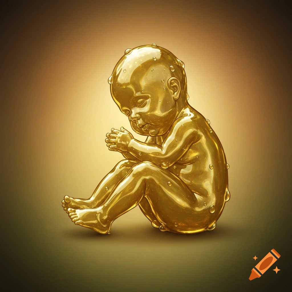 A golden, glossy baby figure in a fetal position, covered in liquid droplets, on a golden-brown background.