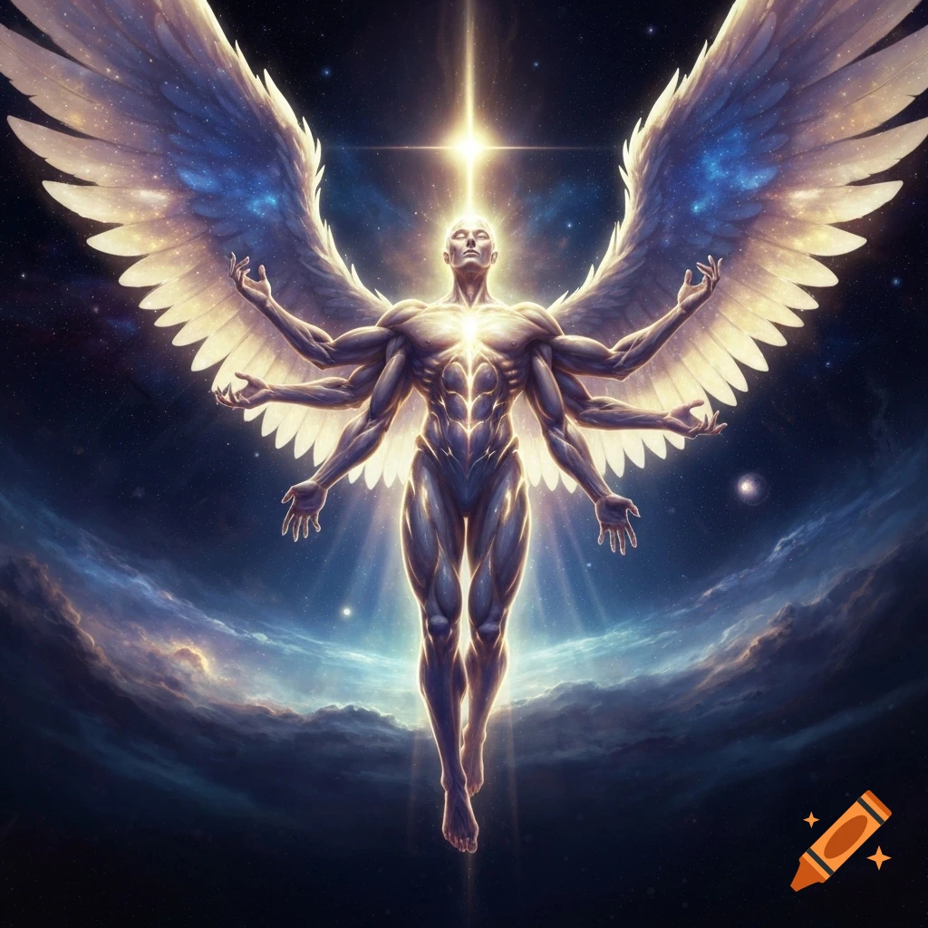 A glowing, multi-armed, winged angelic figure floats in a cosmic nebula with a bright star above.