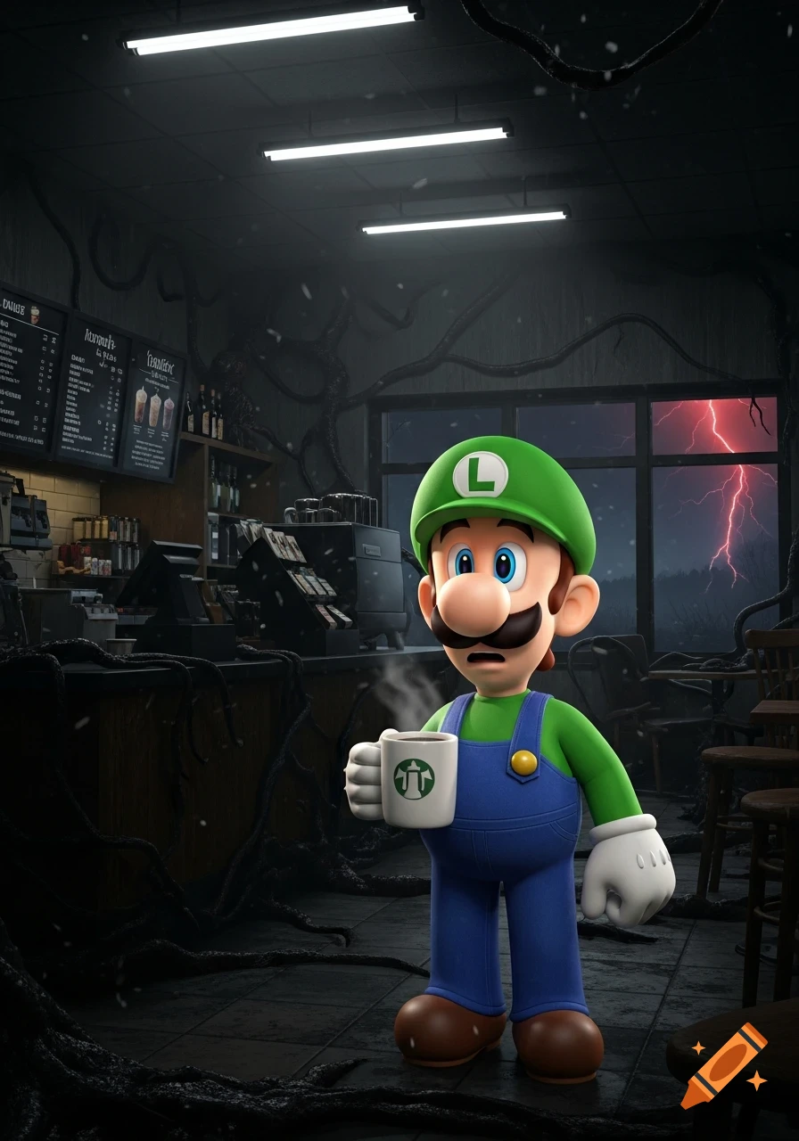 Luigi stands in a dark, vine-covered cafe resembling Starbucks in the Upside Down, holding a steaming mug with a distorted logo, as red lightning strikes outside.