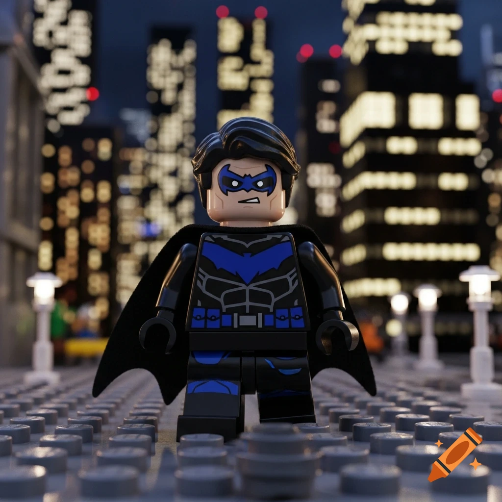 A detailed Lego Nightwing minifigure with a black cape stands on a studded base, a blurred cityscape at night in the background.