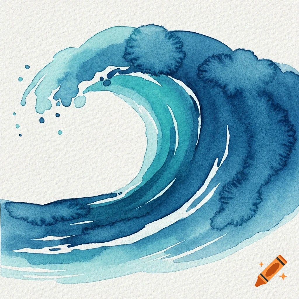 Abstract watercolor painting of a large blue and teal ocean wave with white highlights.