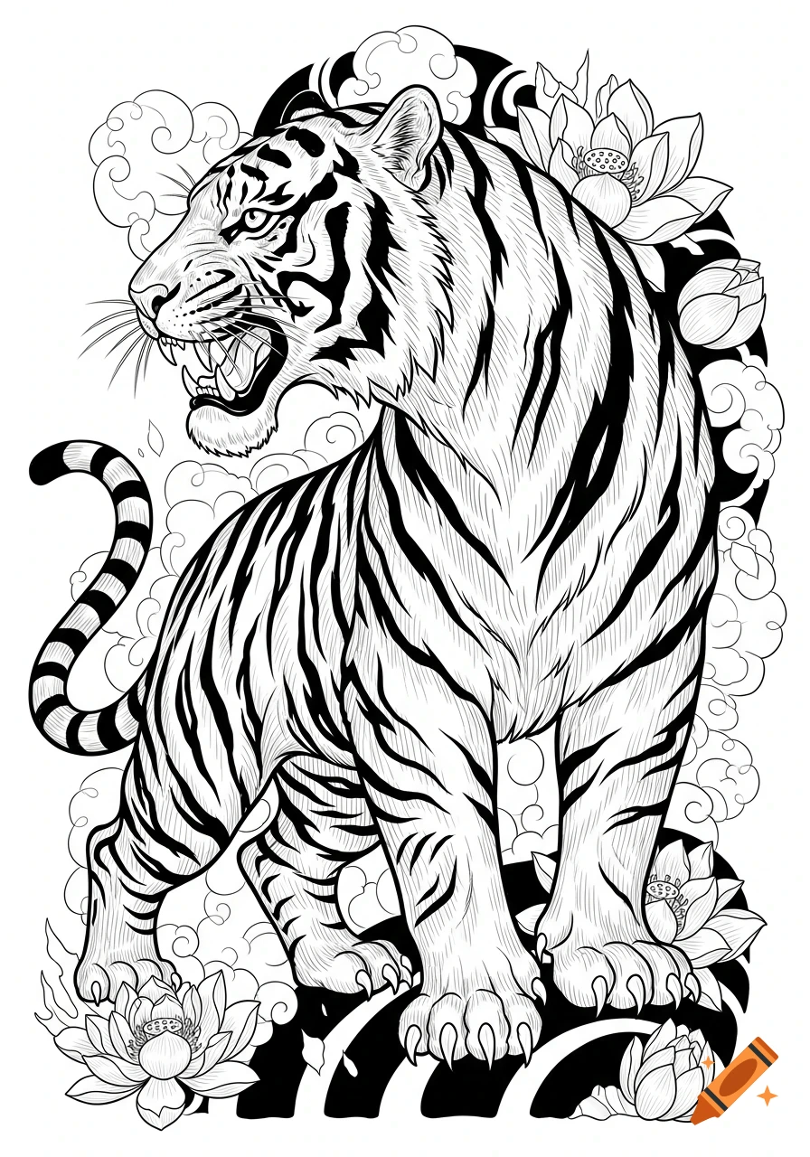 A black and white line art illustration of a roaring tiger in a Japanese tattoo style, surrounded by clouds and lotus flowers.