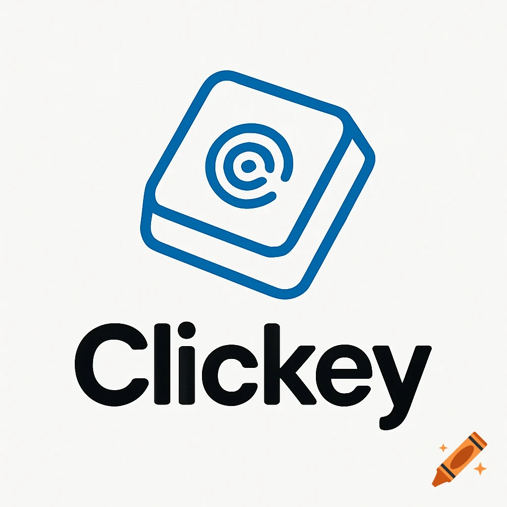 A blue tilted keyboard key icon with an '@' symbol and concentric circles, above the black word 'Clickey' on a white background.