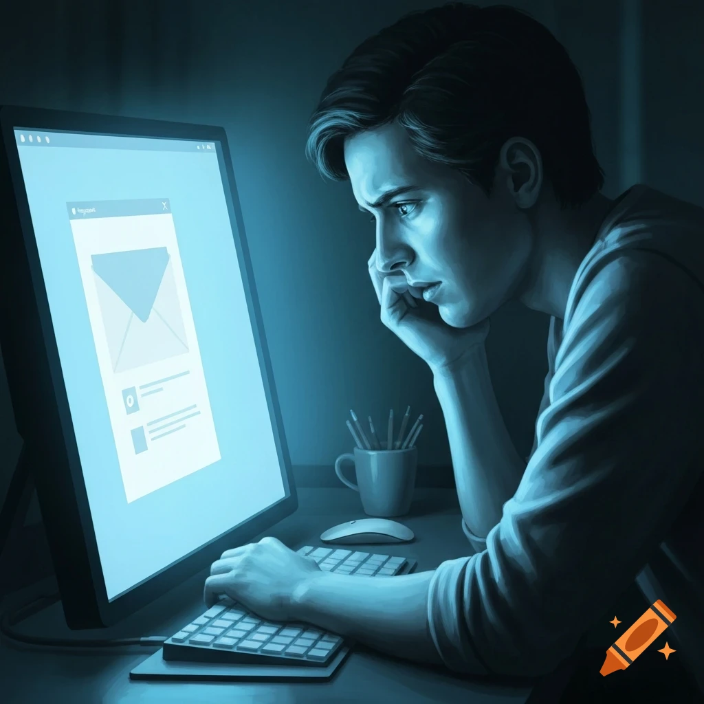 A man with a concerned expression looks intently at a glowing computer screen displaying an email or notification window in a dimly lit room, in a digital art style.