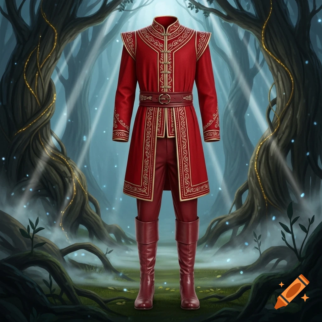 A full-body, headless fantasy costume in red and gold with intricate patterns, belt, and boots, standing in a magical, misty forest.