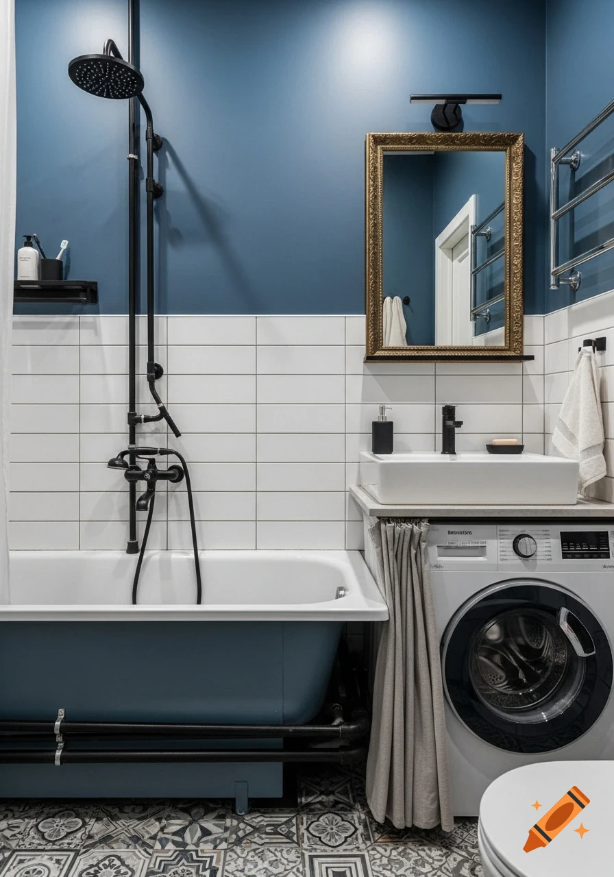 A modern industrial bathroom featuring a blue wall, white tiles, black shower, blue bathtub, gold mirror, sink, and washing machine.