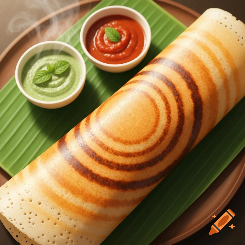 A close-up, top-down shot of a golden-brown dosa on a banana leaf, served with green and red chutneys.