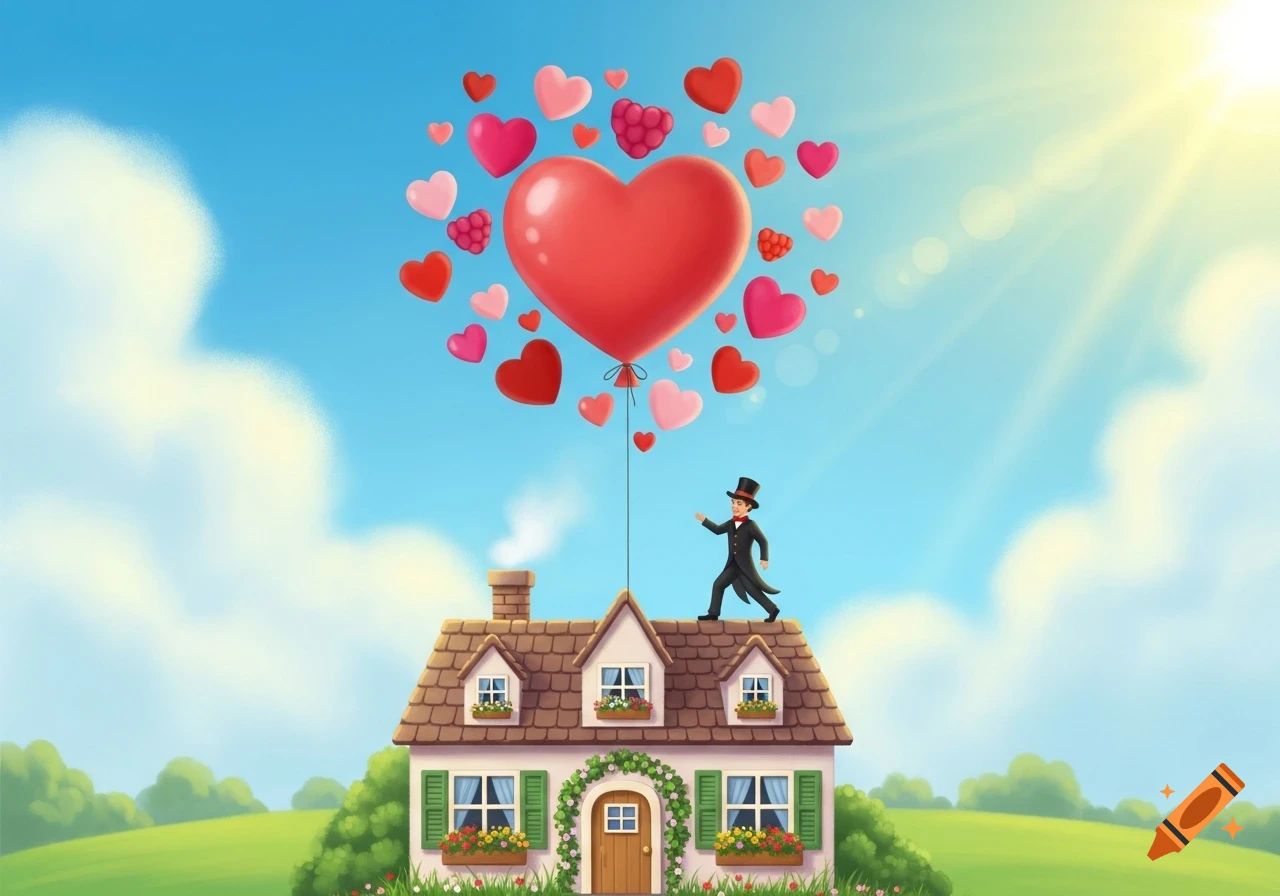 Whimsical illustration of a man in a top hat on a house with a large heart balloon and many smaller heart balloons flying above.