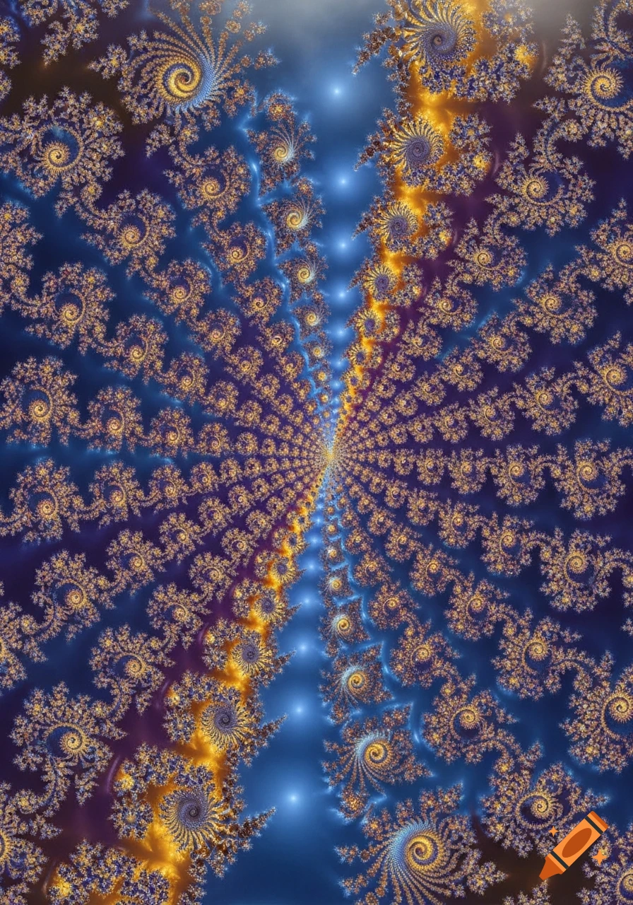 An intricate fractal pattern featuring spiraling golden and purple shapes on a deep blue background with glowing highlights.