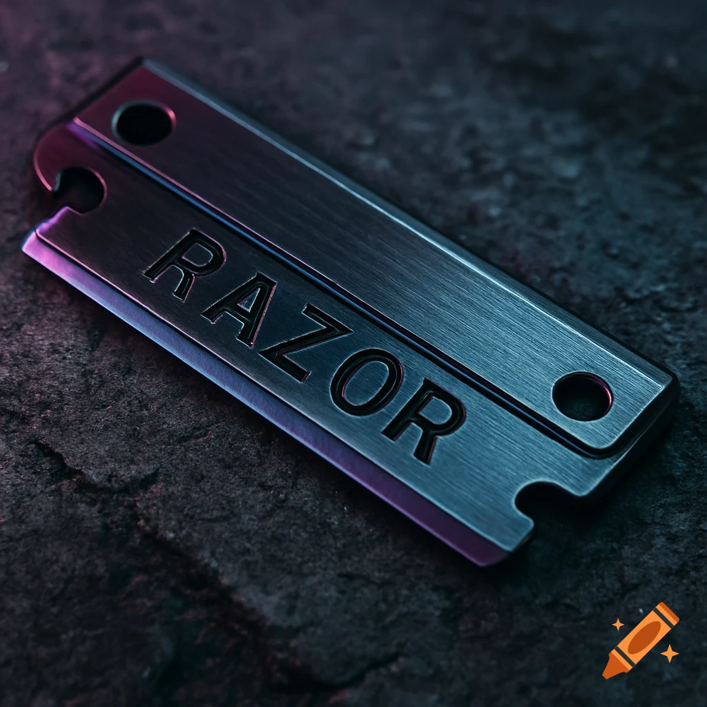 Close-up of a metallic straight razor refill with 'RAZOR' engraved, on a dark textured surface, reflecting purple and blue light.