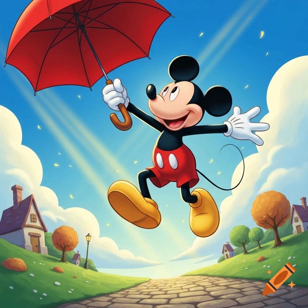 Mickey Mouse jumps happily while holding a red umbrella over a cobblestone path in a sunny, cartoon landscape with houses.