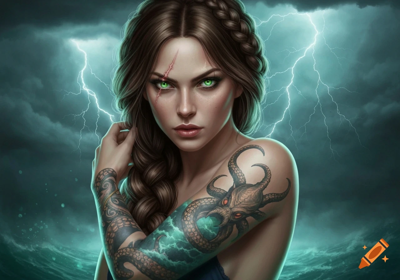 A fantasy portrait of a woman with green eyes, a lightning scar, and kraken tattoos, against a stormy sea with lightning.