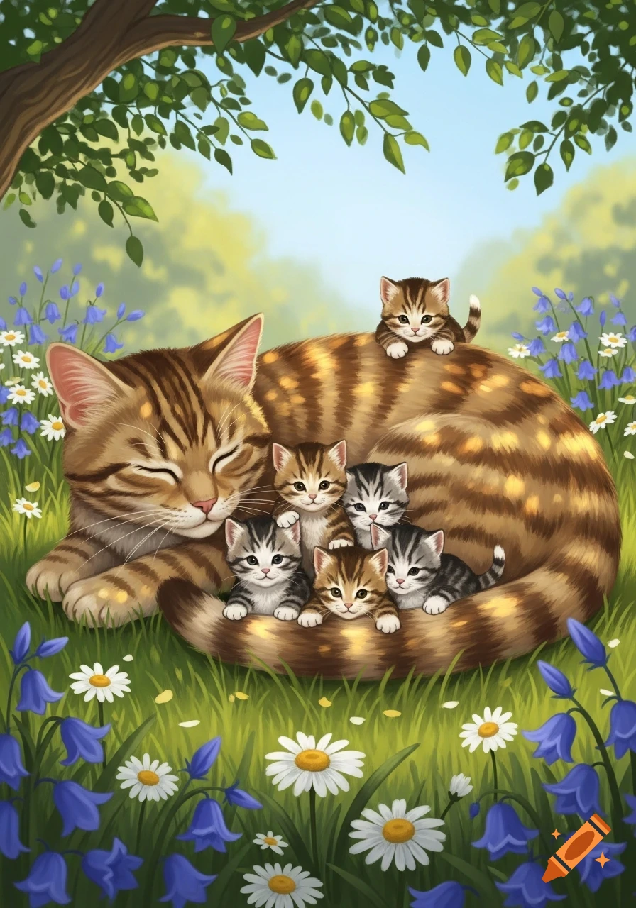 A mother cat sleeps in a grassy field, surrounded by her kittens ...