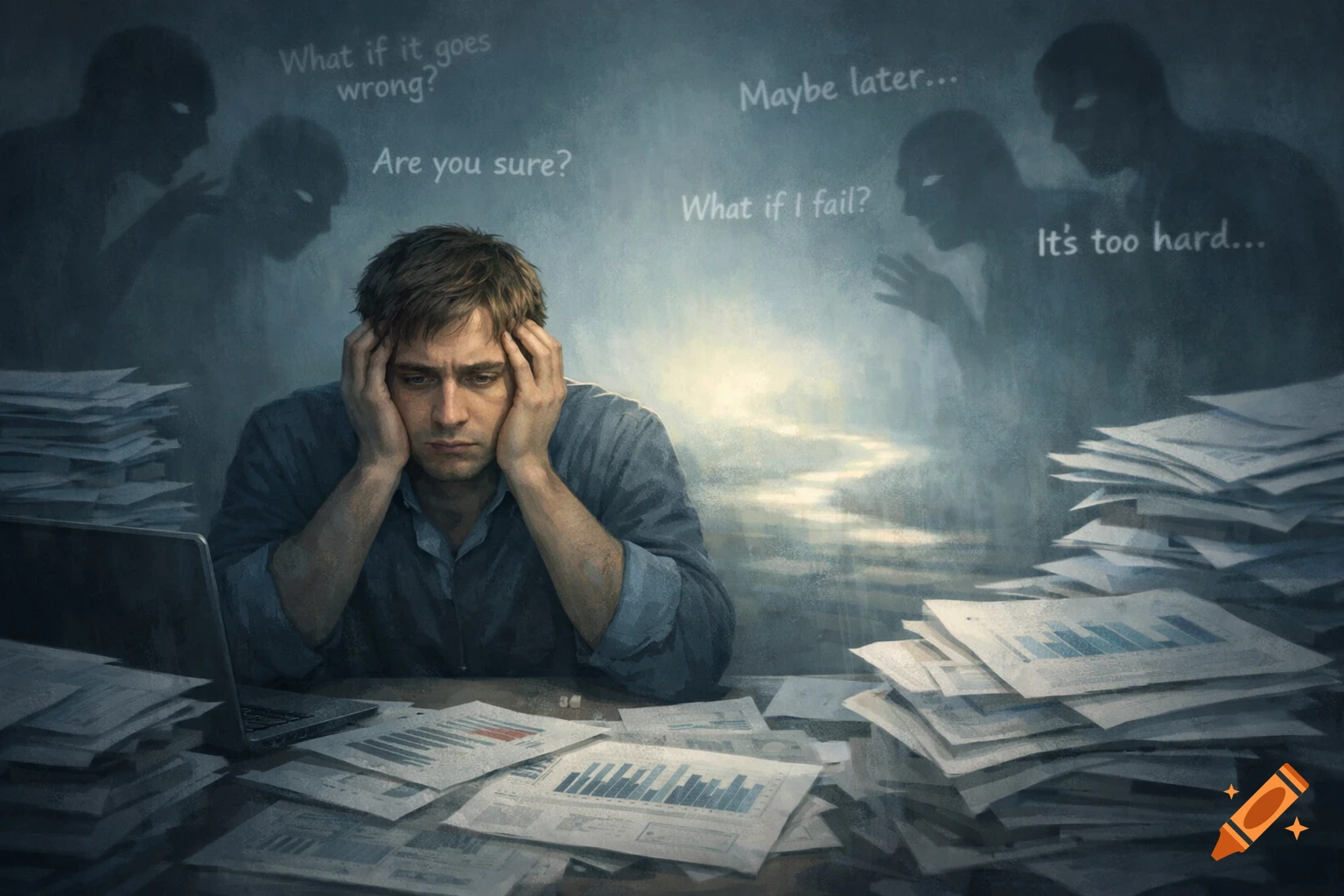 Distressed man with hands on head sits at a desk piled with papers, surrounded by shadowy figures whispering negative thoughts in a dark, illustrative painting.