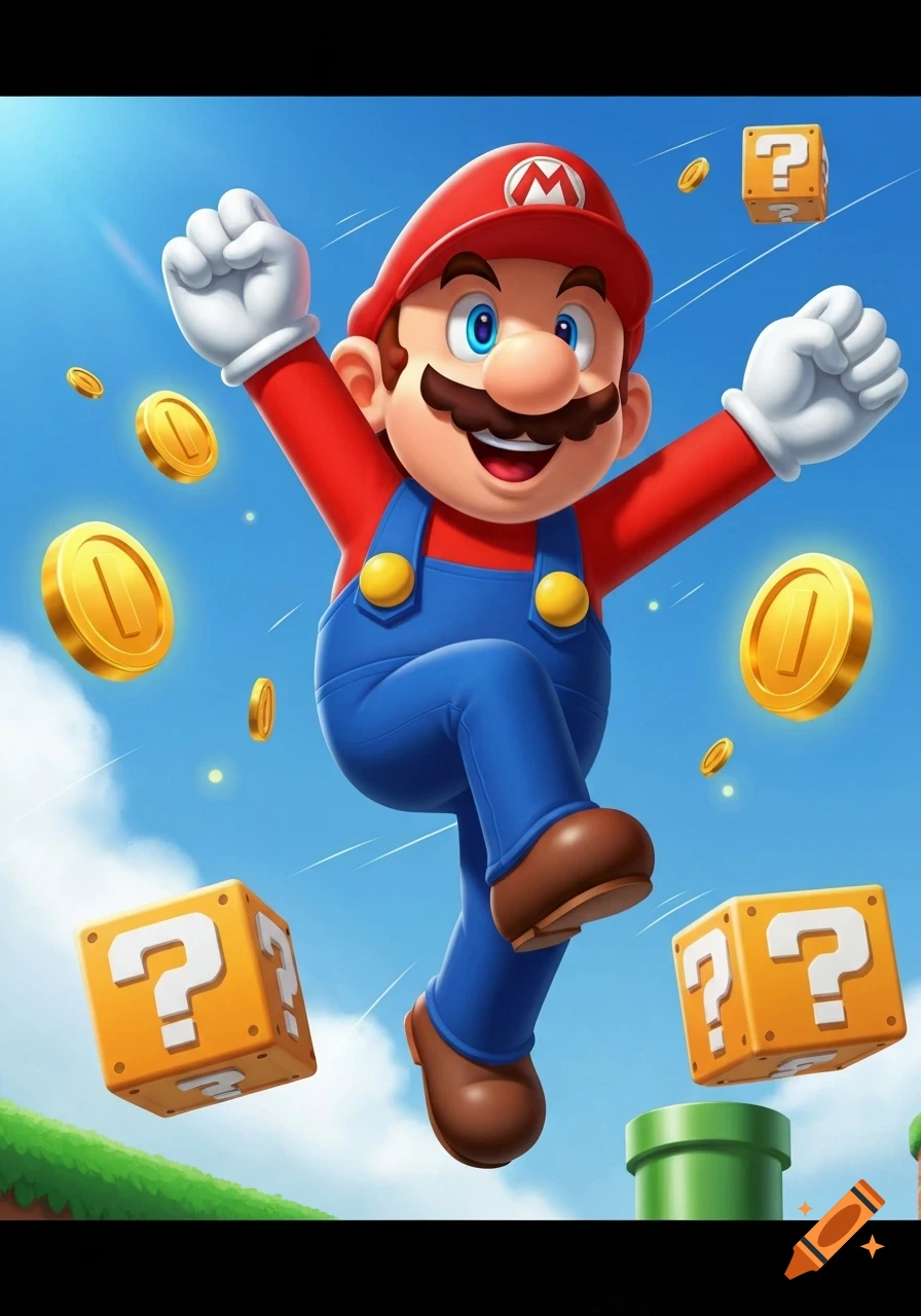 Cartoon Mario jumps with fists raised under a bright blue sky, surrounded by golden coins and yellow question mark blocks.