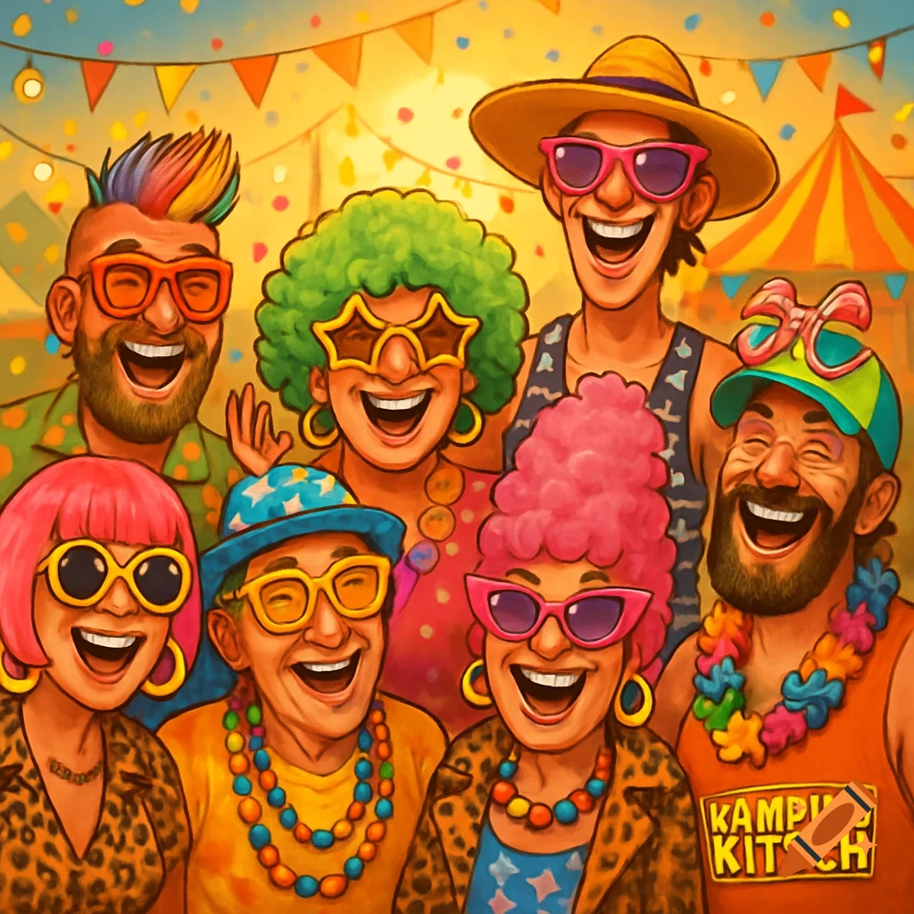 Cartoon group of happy adults in colorful, funny festival outfits and sunglasses, with a festive background.