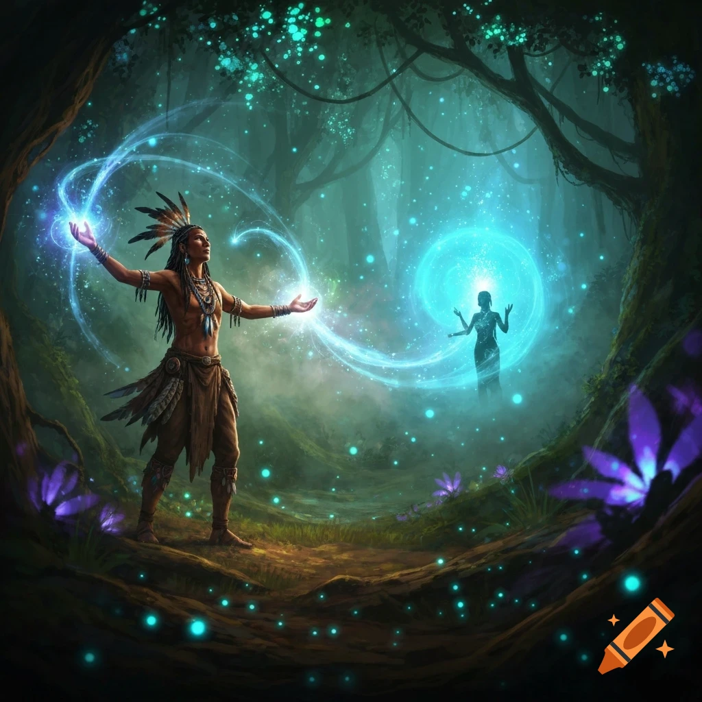 A shamanic figure with feather headwear conjures glowing blue magic in a mystical, dark forest filled with sparkling light.
