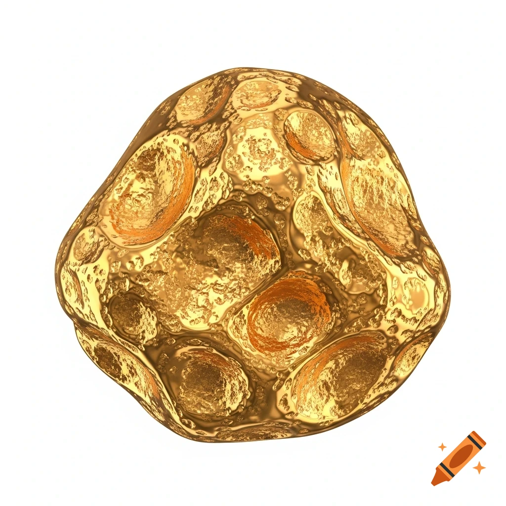 A detailed 3D rendering of a shiny gold nugget with an irregular, bumpy surface, set against a white background.