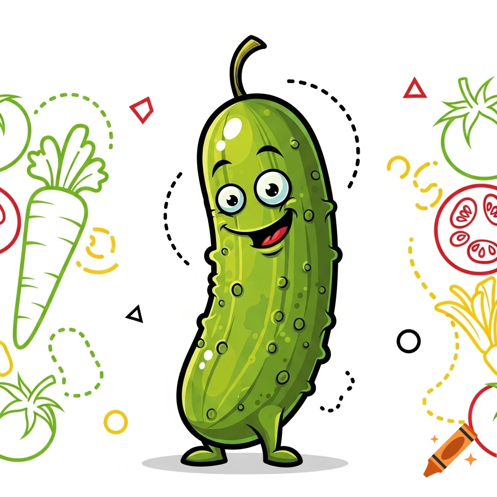 A happy, smiling cartoon pickle character with big eyes, standing on two feet. It's surrounded by outline drawings of carrots, tomatoes, and abstract shapes, in a vibrant clipart style.
