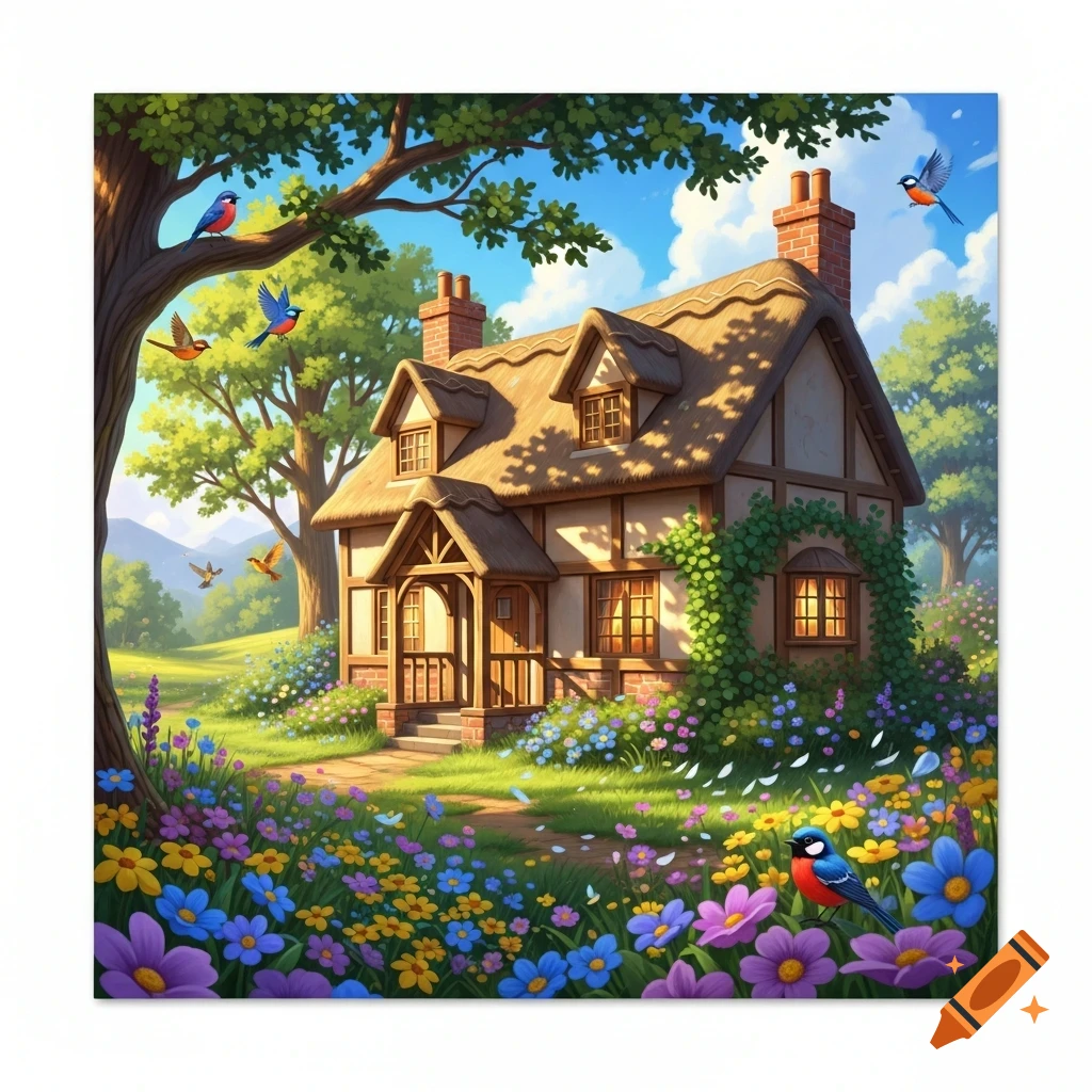A charming cartoon cottage with a thatched roof, surrounded by vibrant flowers and birds under a sunny sky.