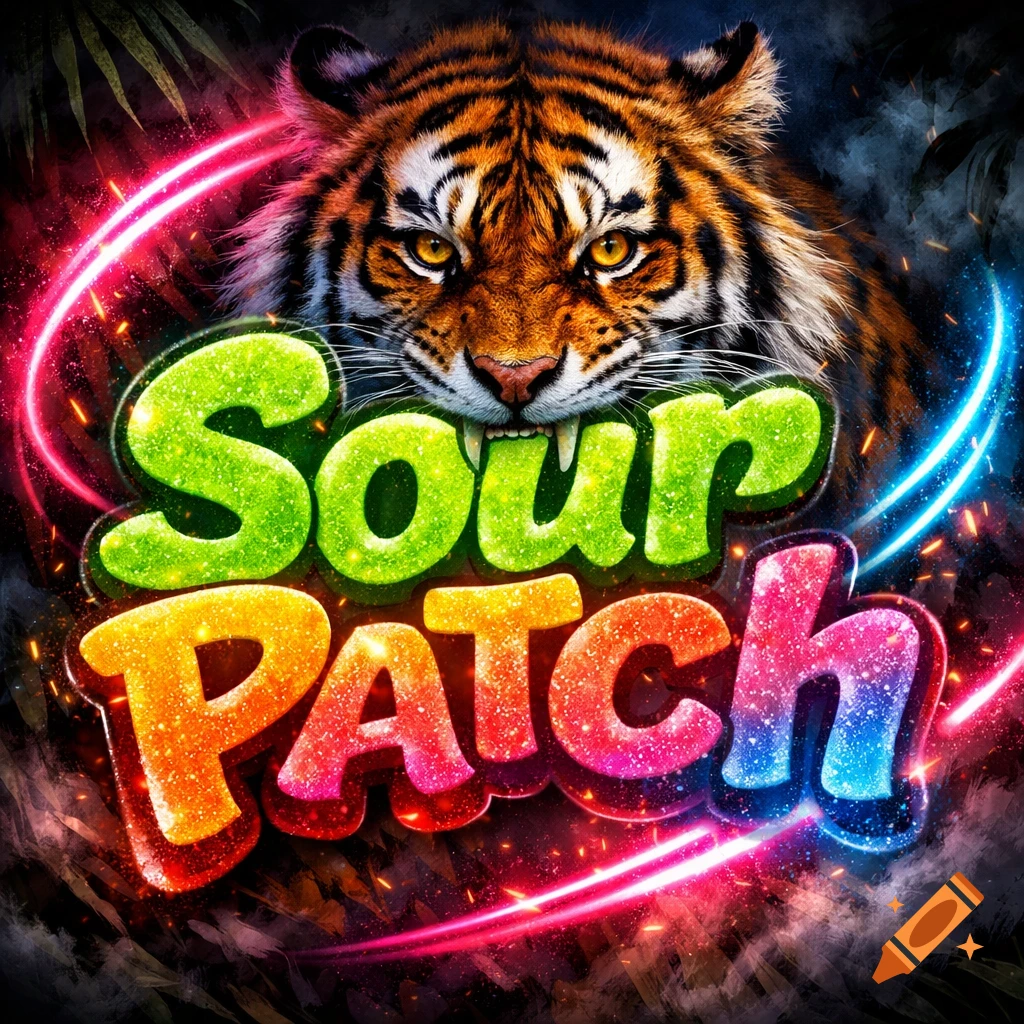 Vibrant illustration of a tiger's head emerging from a jungle, with glowing 'Sour PATCH' text and neon light trails.