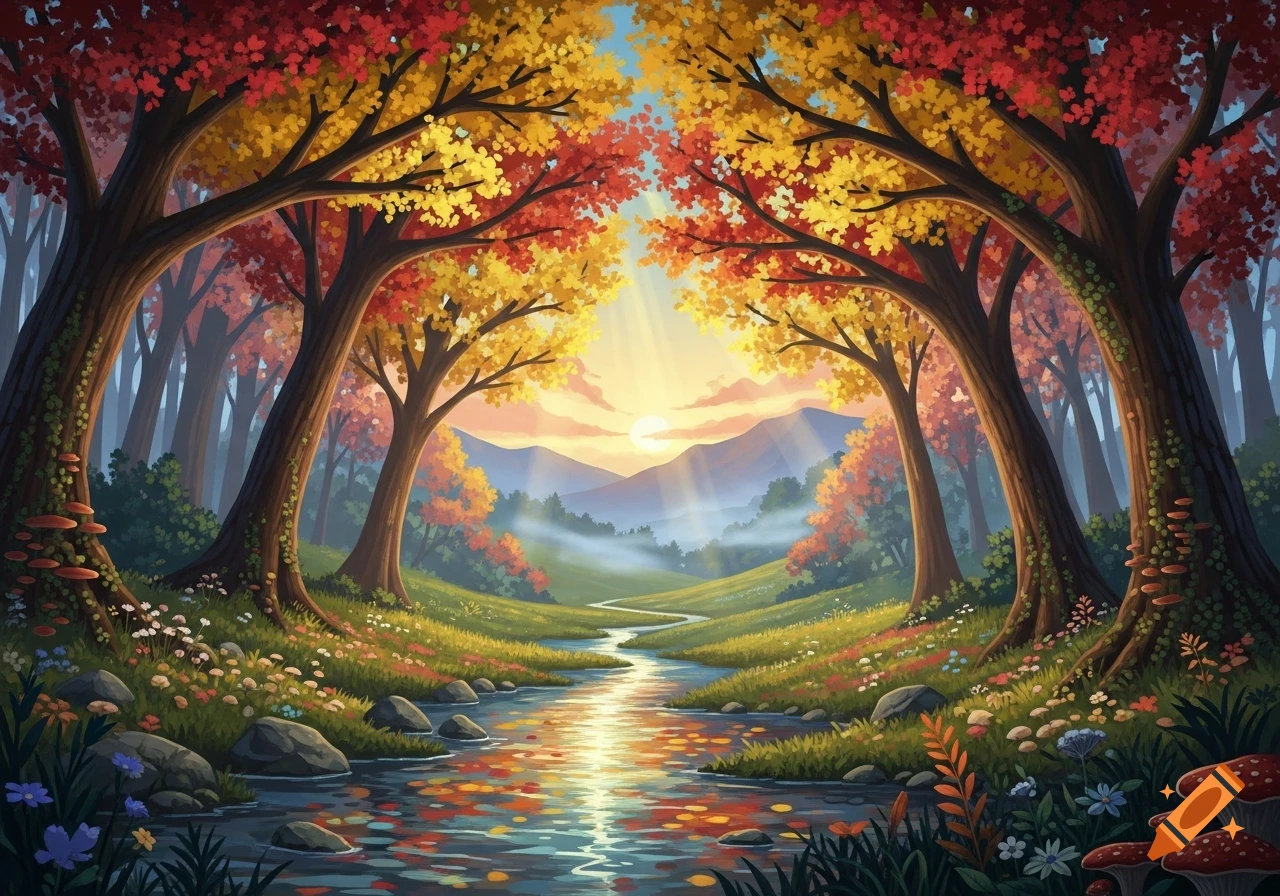 Stylized fantasy forest with autumn trees, a winding river, and a sunset over distant mountains.