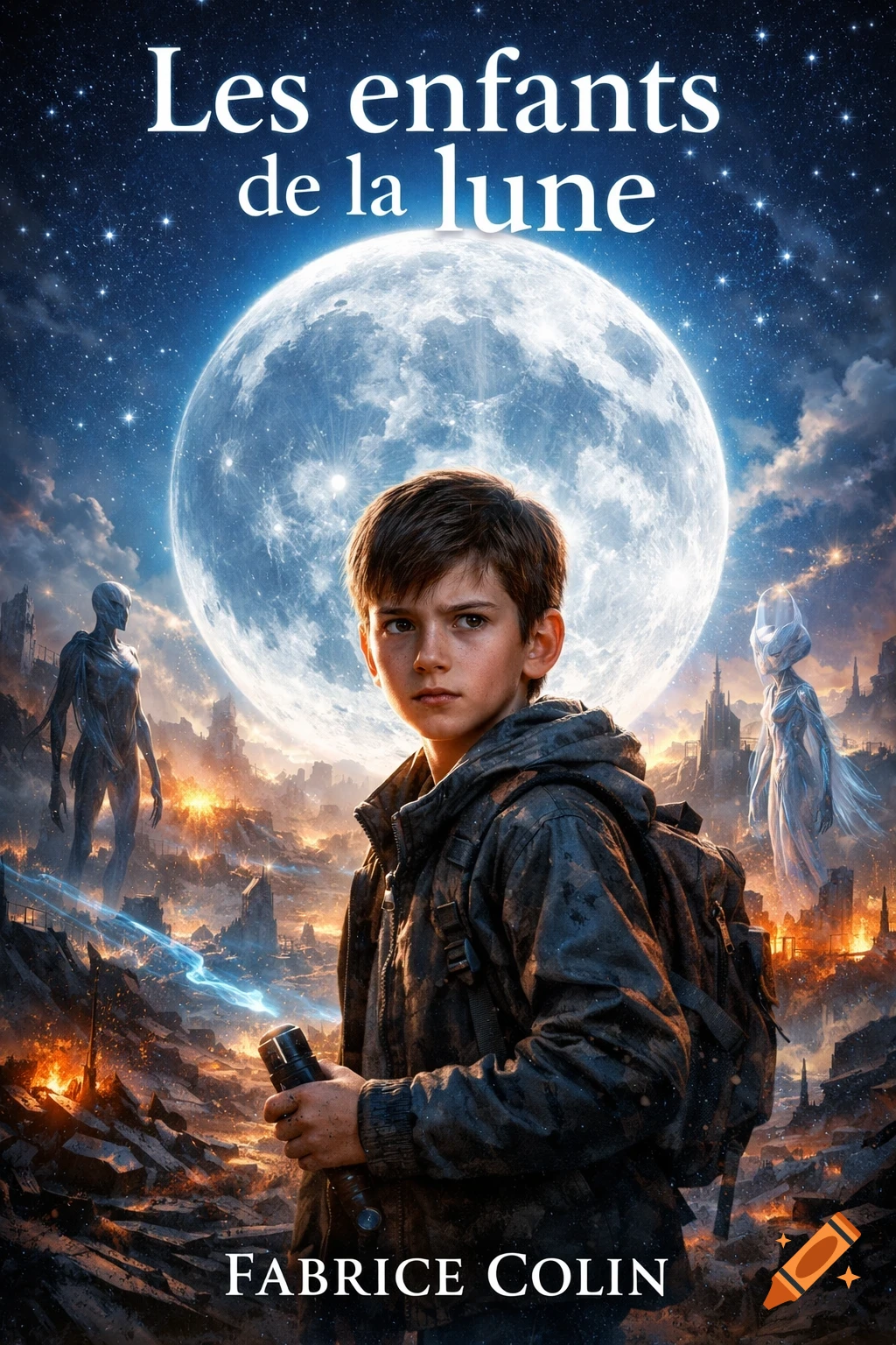A young boy with a backpack and flashlight stands against a backdrop of a giant moon, a ruined city, and ethereal alien figures under a starry night sky. The image has a cinematic and detailed style, resembling a book cover with text.