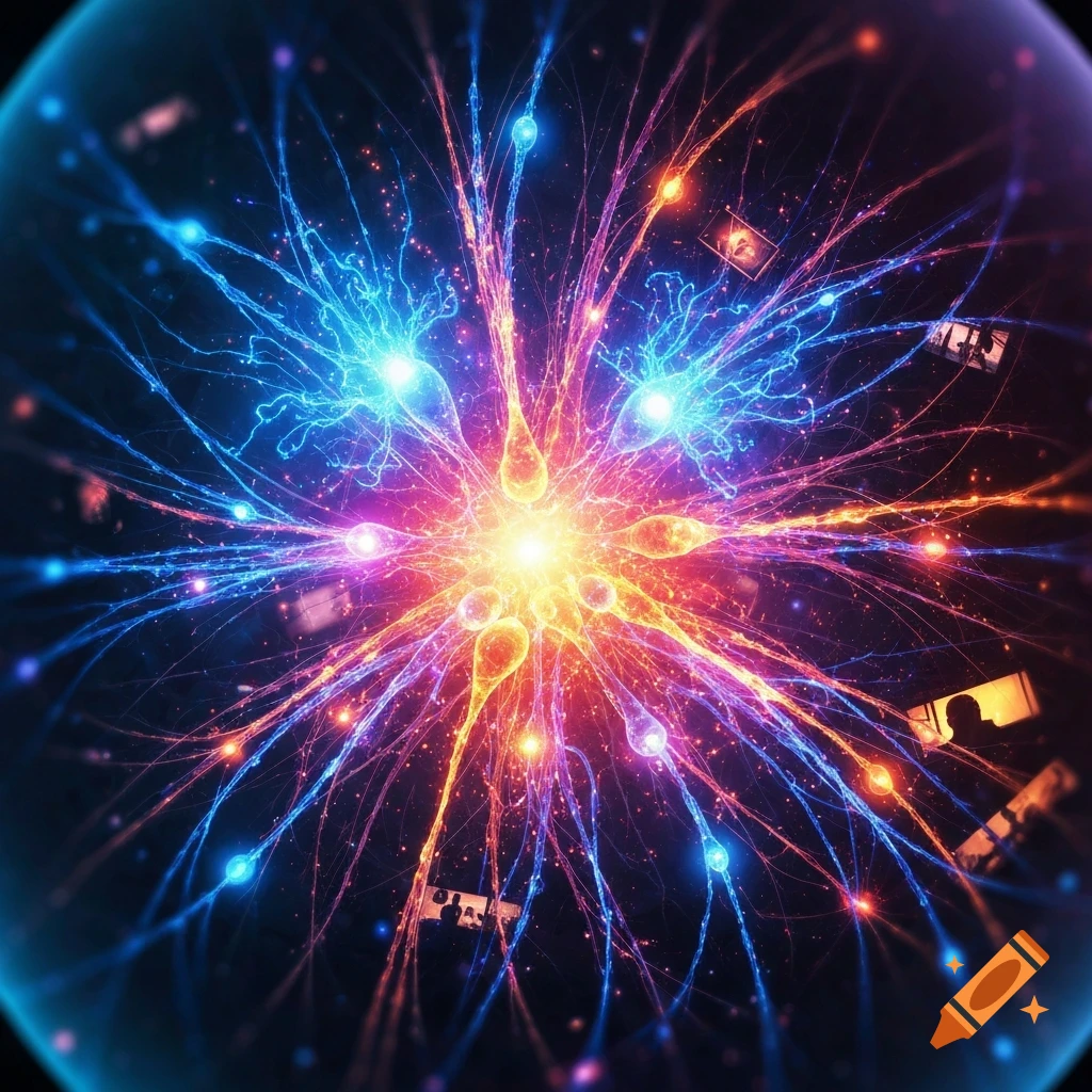 Vibrant abstract image of glowing neural pathways with blue, orange, and red light bursts.