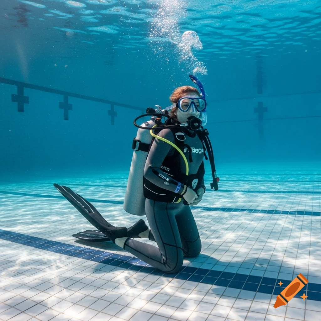 A photorealistic image of a female diver kneeling on the tiled bottom of a swimming pool, wearing a full wetsuit, mask, fins, and scuba tank, exhaling bubbles.