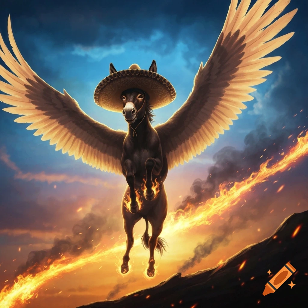 A majestic winged donkey wearing a sombrero flies through a fiery, cloudy sky with flames emanating from its hooves.