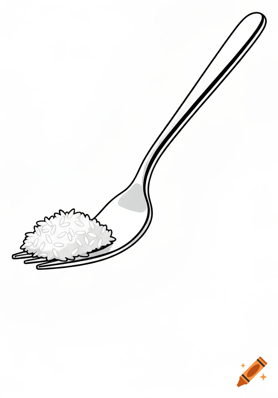 A line drawing of a fork holding a small pile of white rice, with the handle angled towards the top right.