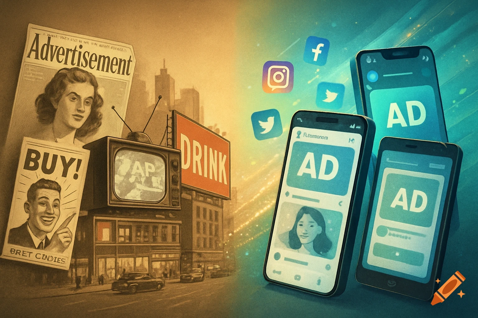 Split image showing traditional advertising like newspapers, billboards, and a TV on the left, contrasted with modern social media and smartphone ads on the right, with various app logos floating around.