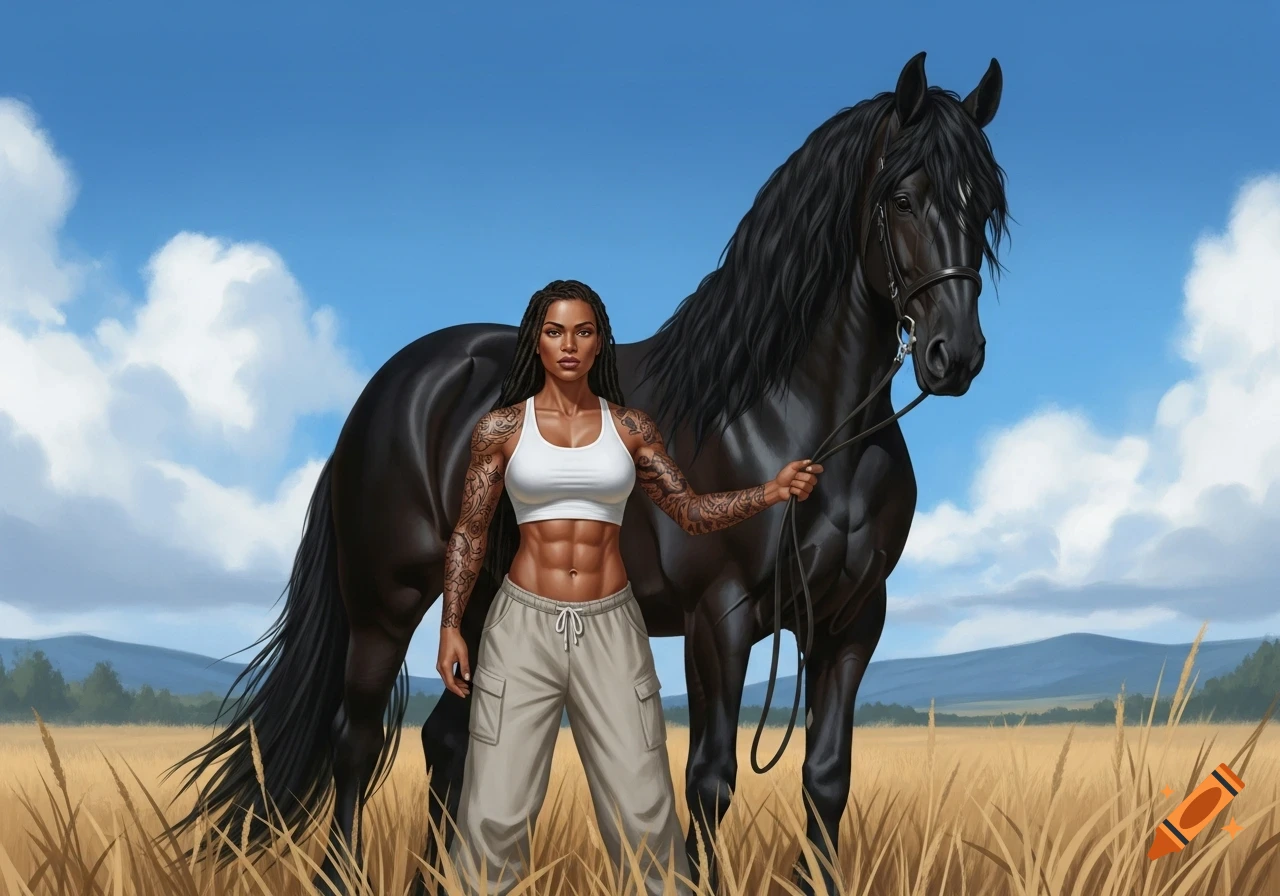A strong, tattooed Black woman in a sports bra and cargo pants stands with a majestic black horse in a sunny field, digital art.