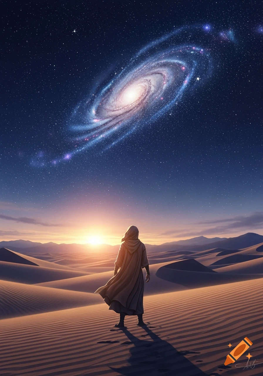 A person in a hooded robe stands in a vast desert landscape, gazing up at a vibrant spiral galaxy and a sunset on the horizon.