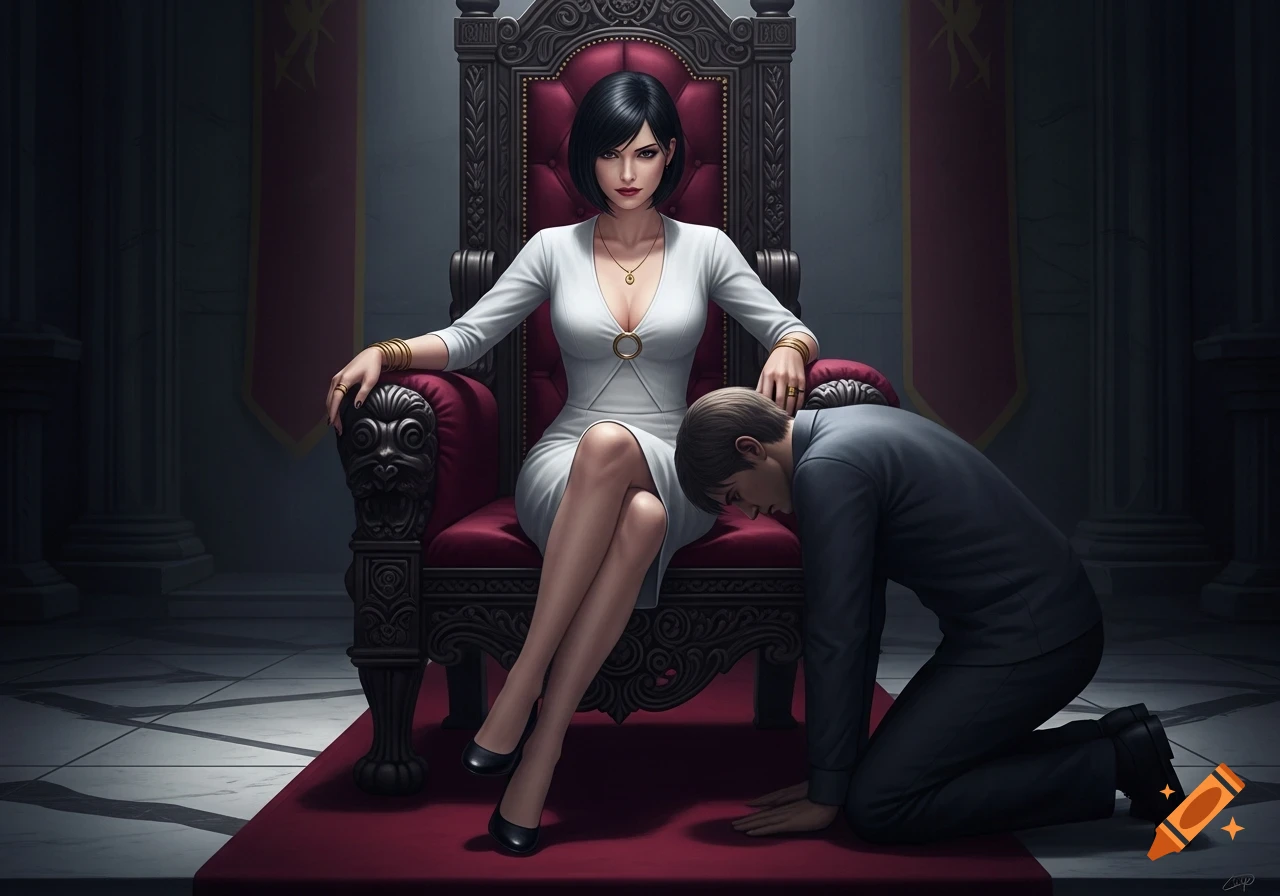 A confident woman with dark hair sits on a red throne in a grand hall, a man kneels before her. Digital art.