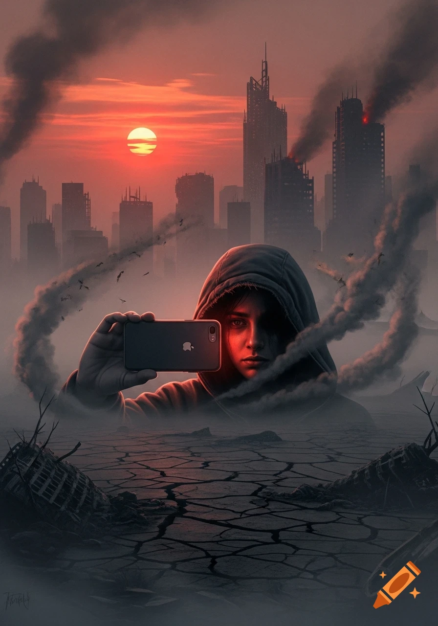 Person in a hoodie takes a selfie in a smoky, dystopian city landscape with a red sunset, digital art.