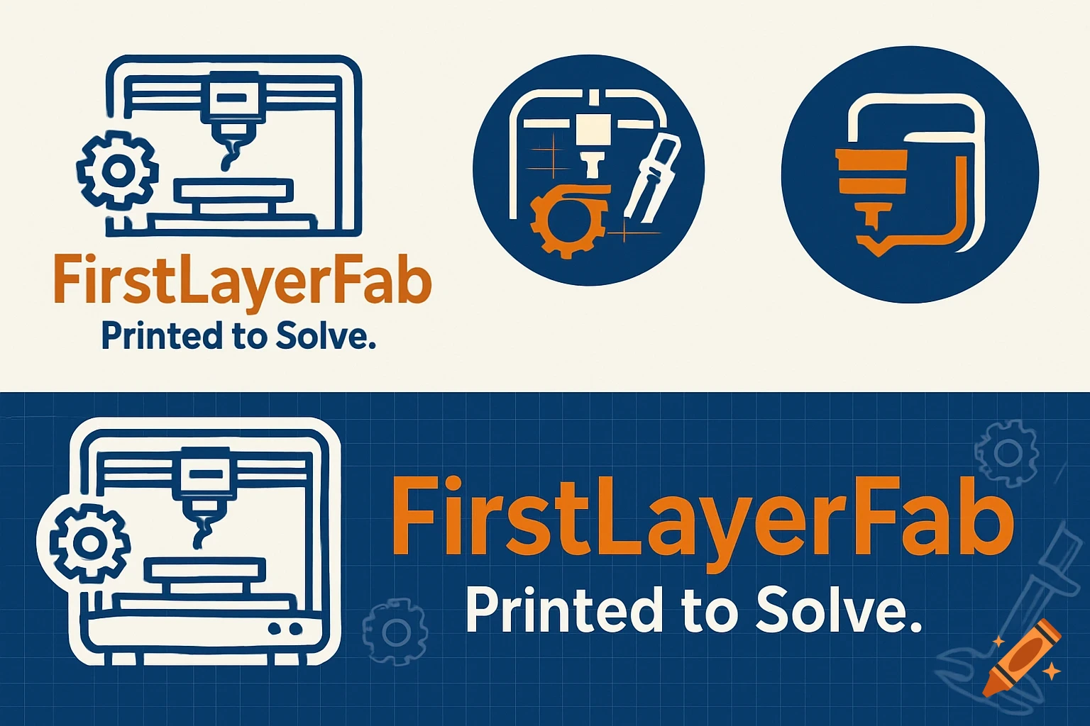 Logos for FirstLayerFab with a 3D printer icon and slogan Printed to Solve in blue and orange.
