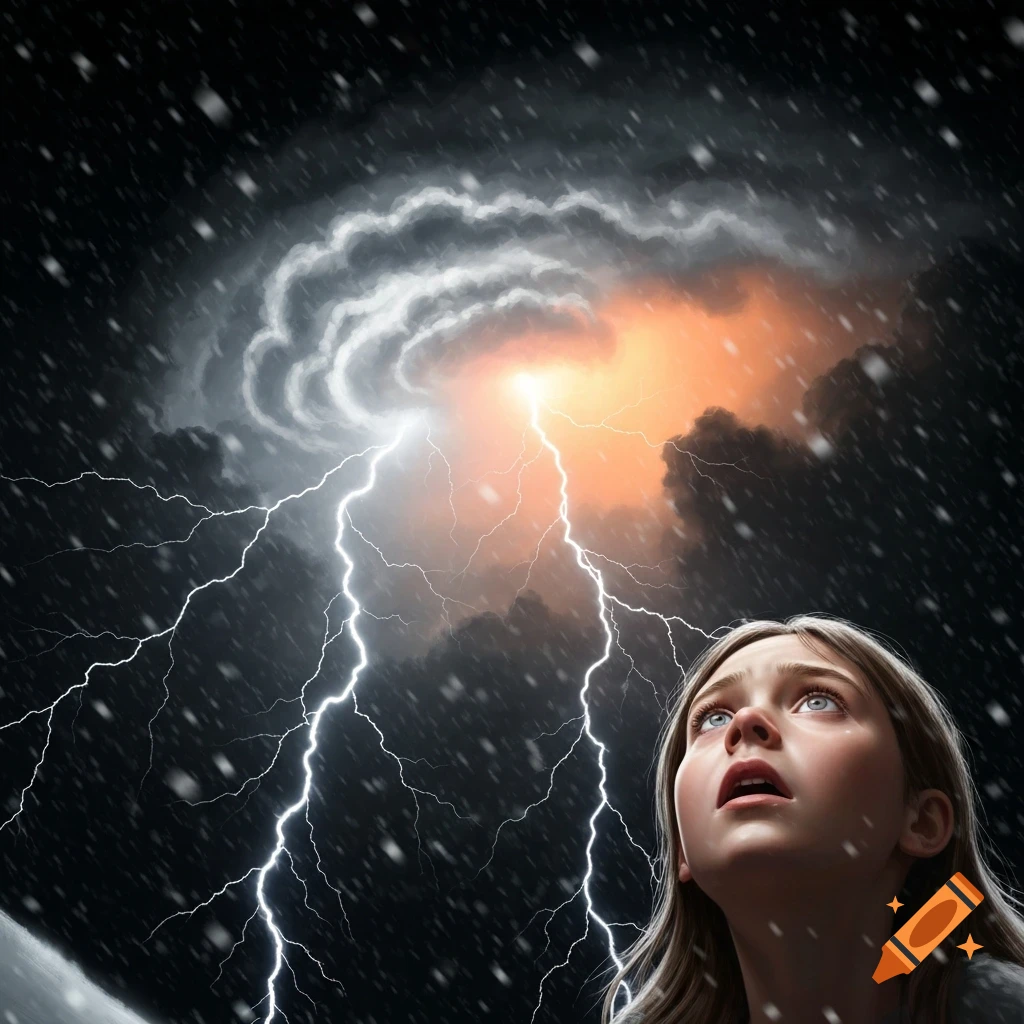 A young girl with wide, terrified eyes looks up at a dramatic night sky with lightning, orange clouds, and falling snow.