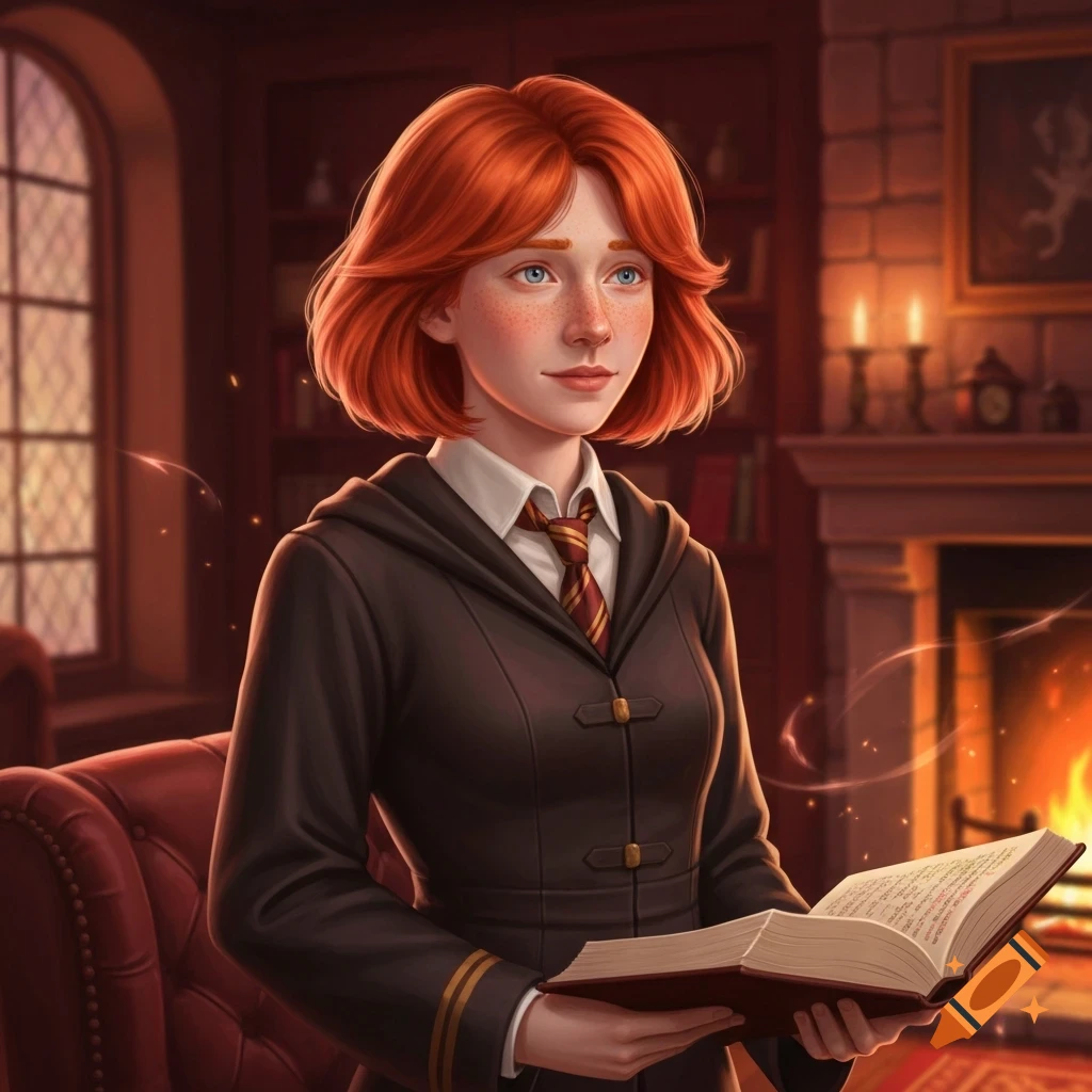 A red-haired girl with freckles in a dark school robe and striped tie reads a book by a fireplace in a cozy room.