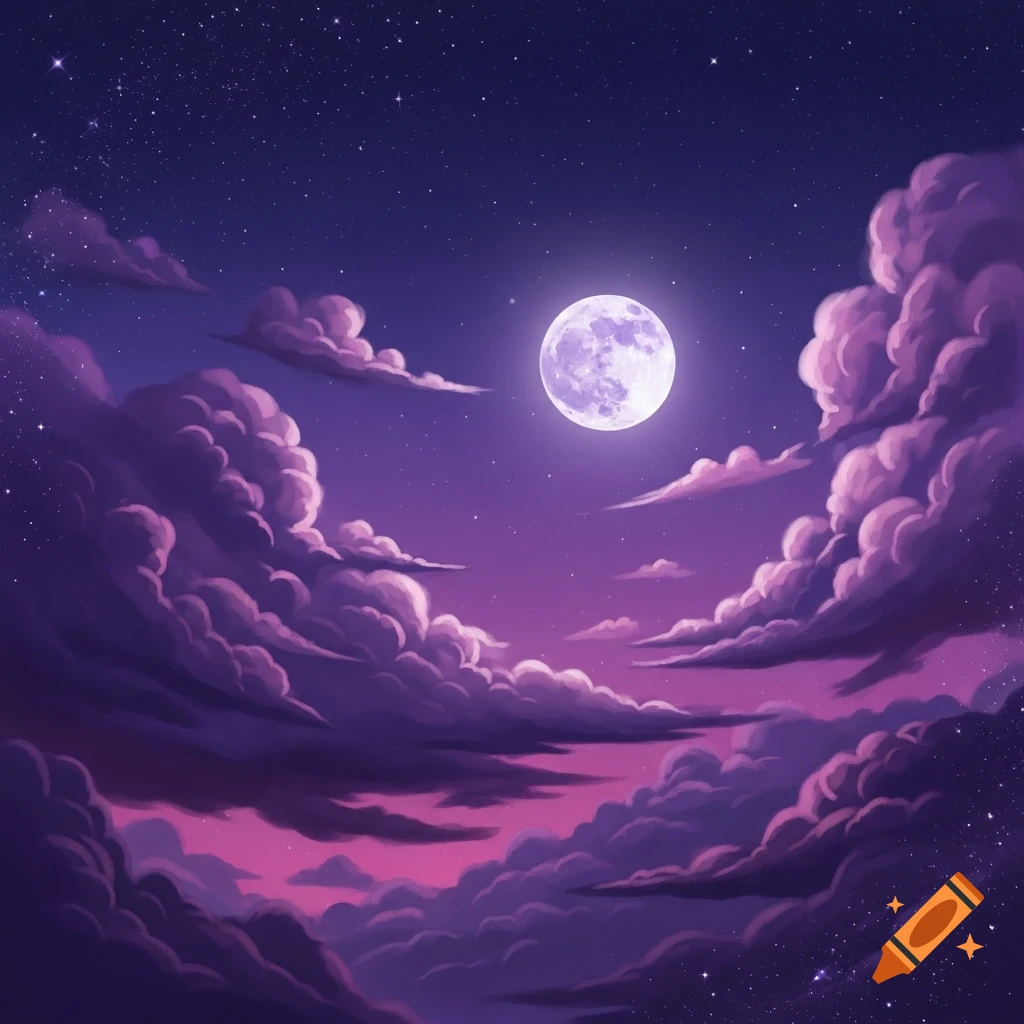 A stylized night sky featuring a bright full moon surrounded by fluffy purple and pink clouds, with scattered stars.