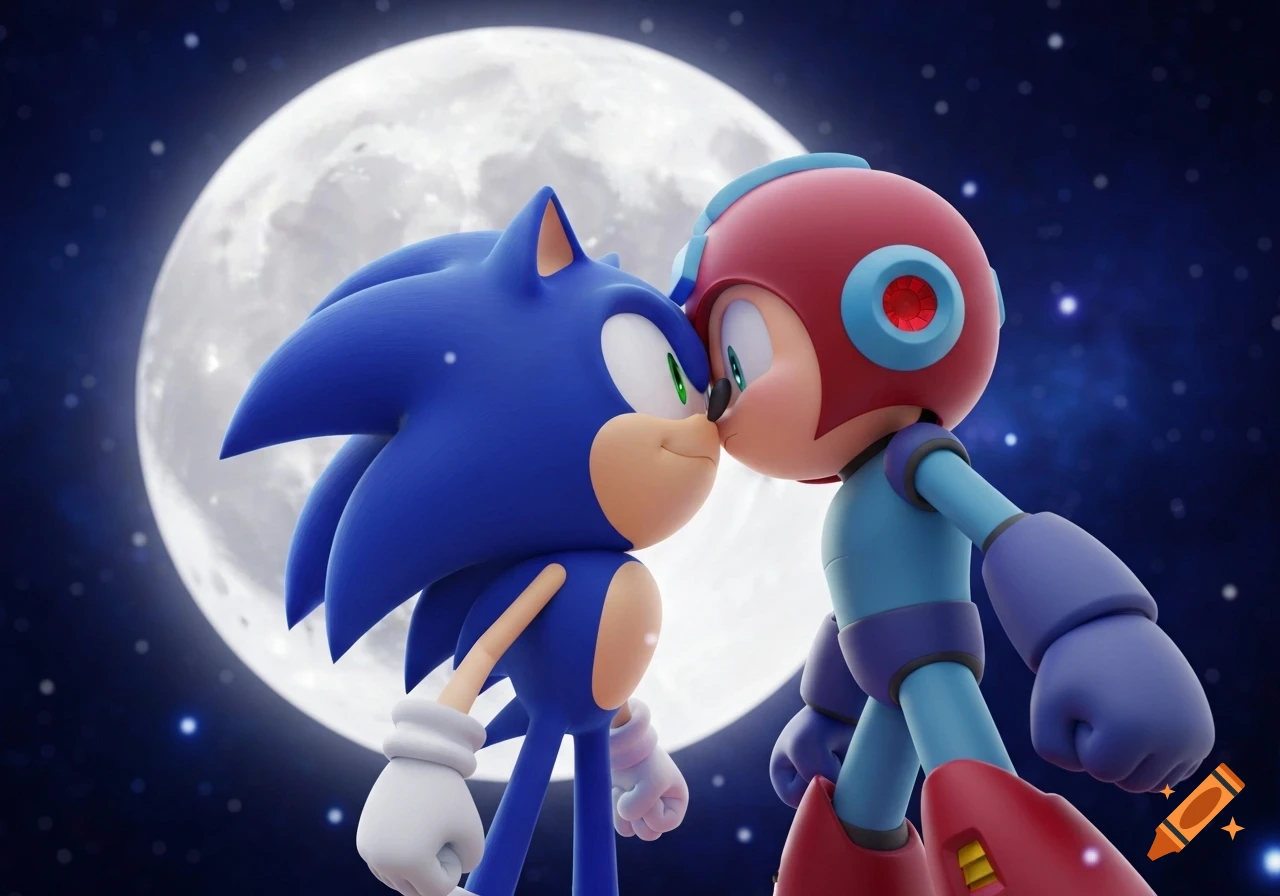 Sonic and Mega Man nose to nose under a full moon in a 3D animated style.