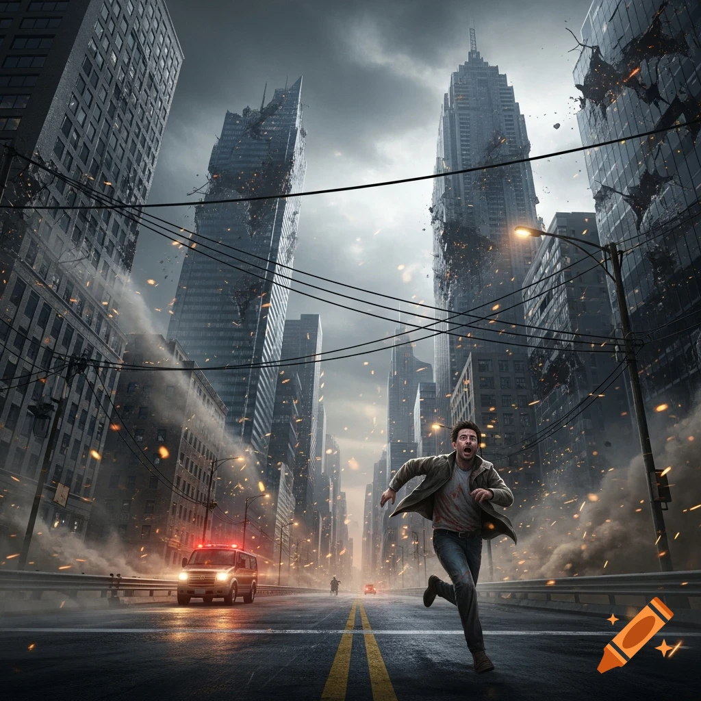 A man runs in panic down a city street as skyscrapers crumble and debris flies amidst smoke and a police car.