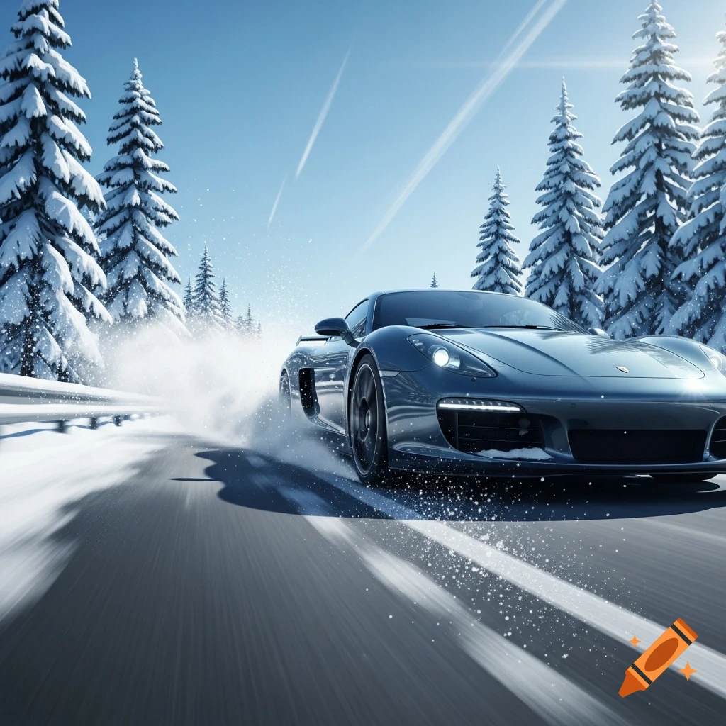A dark blue sports car drives quickly on a snowy road, kicking up snow, with snow-covered pine trees under a clear blue sky.