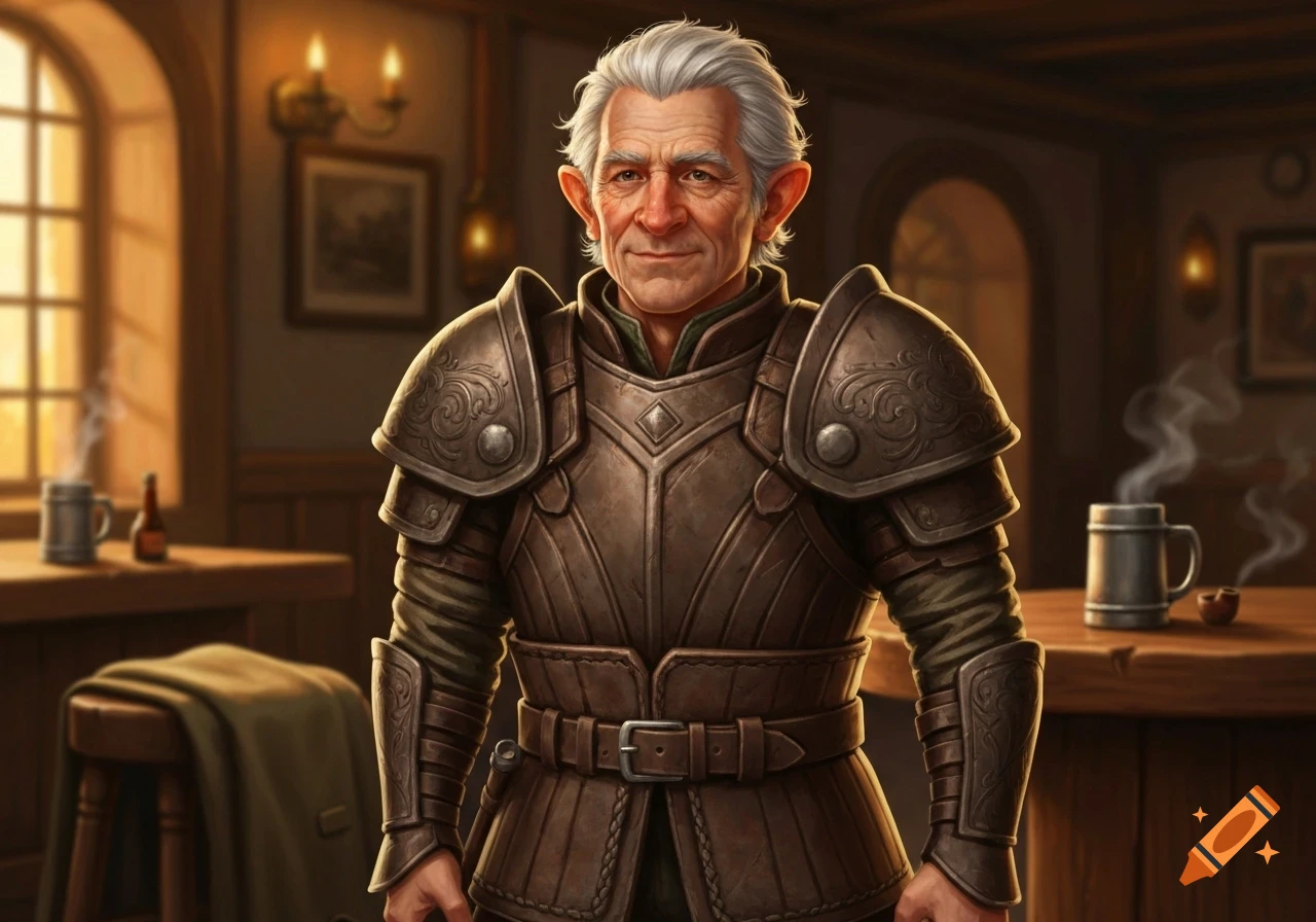 An old man with gray hair and slightly pointed ears, wearing ornate leather armor, stands in a warmly lit fantasy tavern.