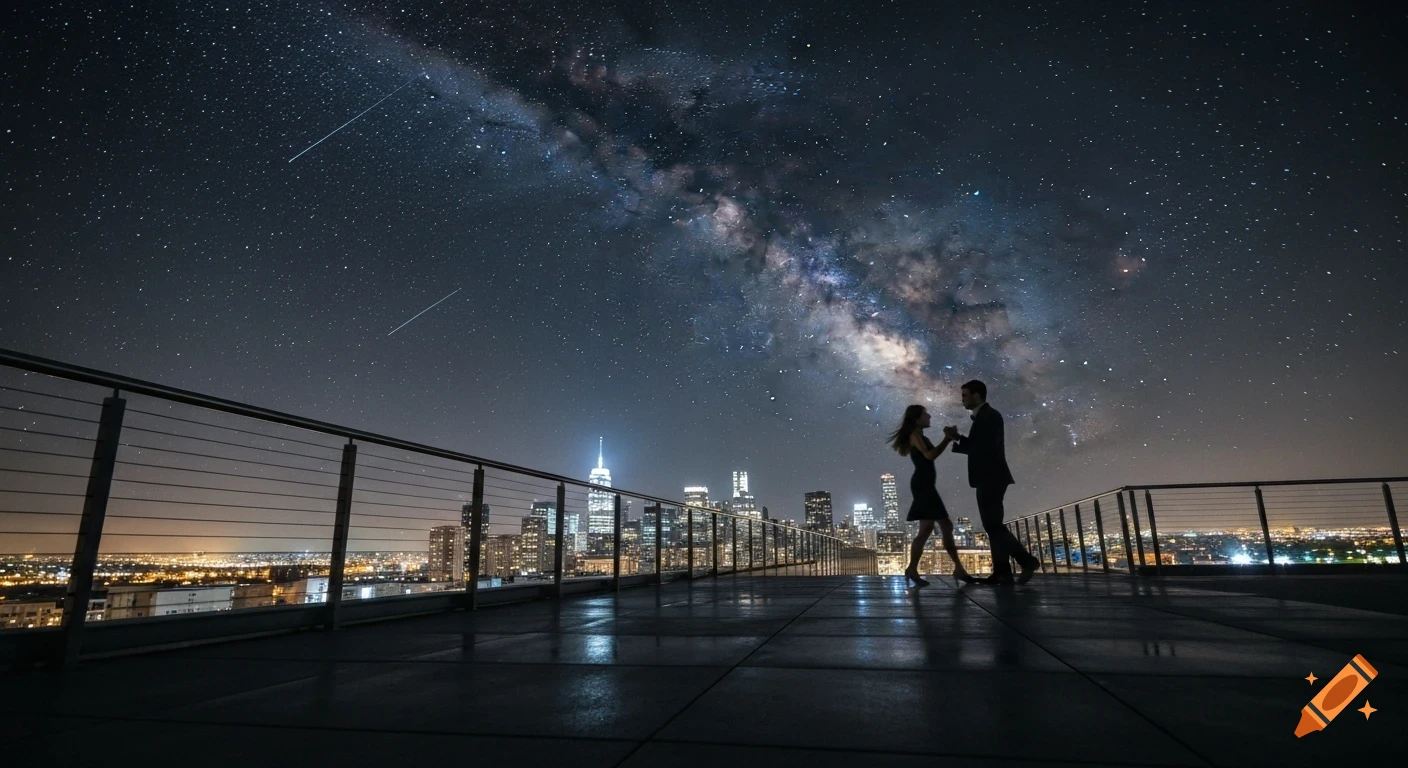 A couple dances elegantly on a rooftop terrace overlooking a city skyline under a clear, starry sky with the Milky Way and shooting stars.