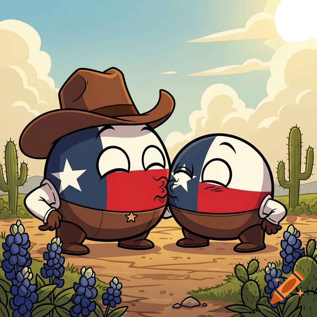 Two cartoon Texas countryball characters kiss in a desert landscape with cacti and bluebonnets.
