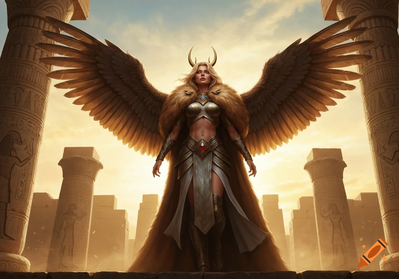 A powerful blonde woman with large eagle wings, wearing golden armor and lion fur, stands in front of Egyptian temple ruins at sunset.