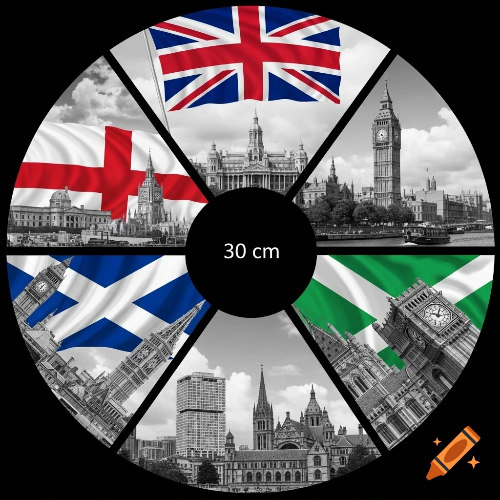 A circular collage with a black center labeled "30 cm". Segments show historical British flags in color against black and white cityscapes, including London landmarks.