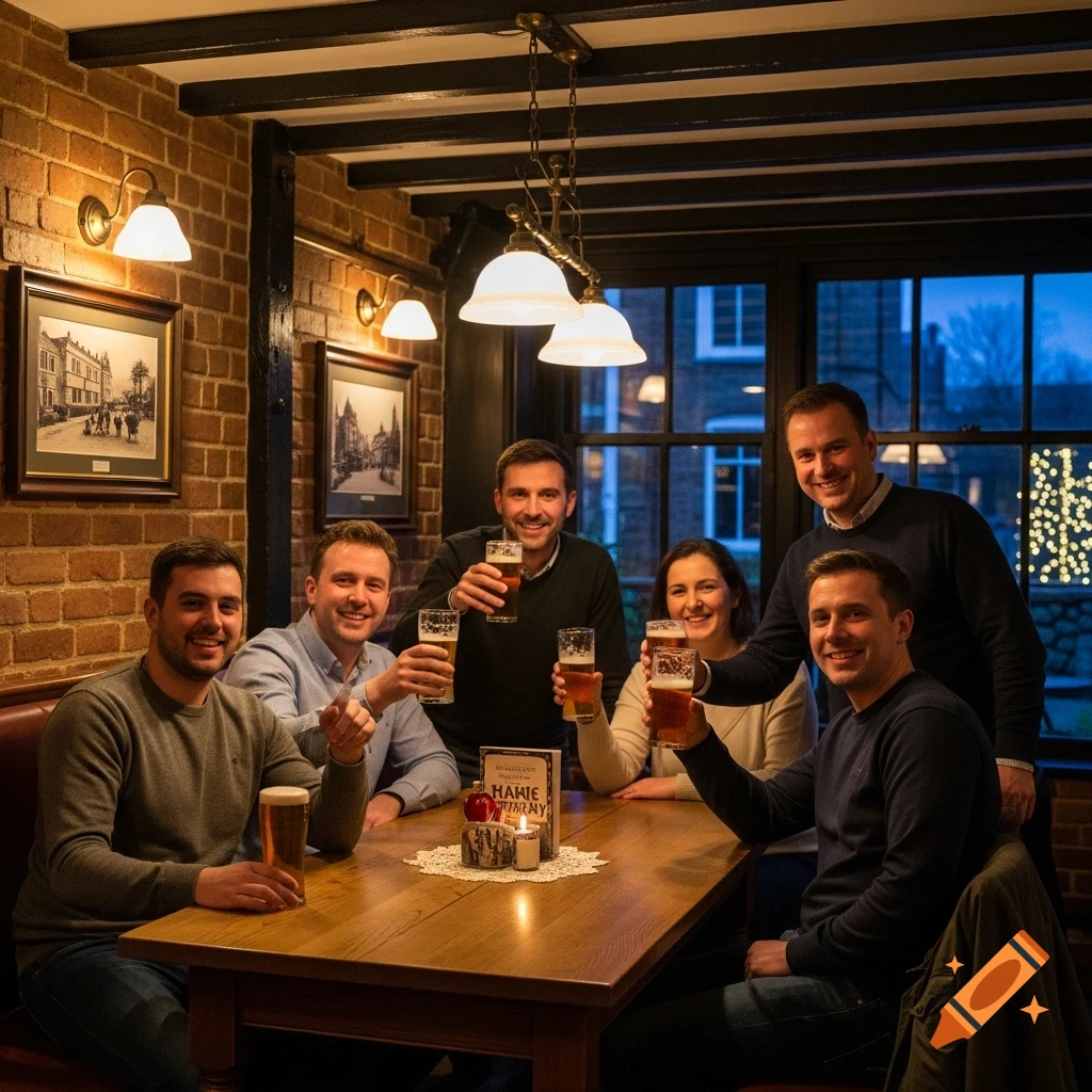 A group of friends, including five men and one woman, raising beer glasses in a warmly lit, rustic pub.